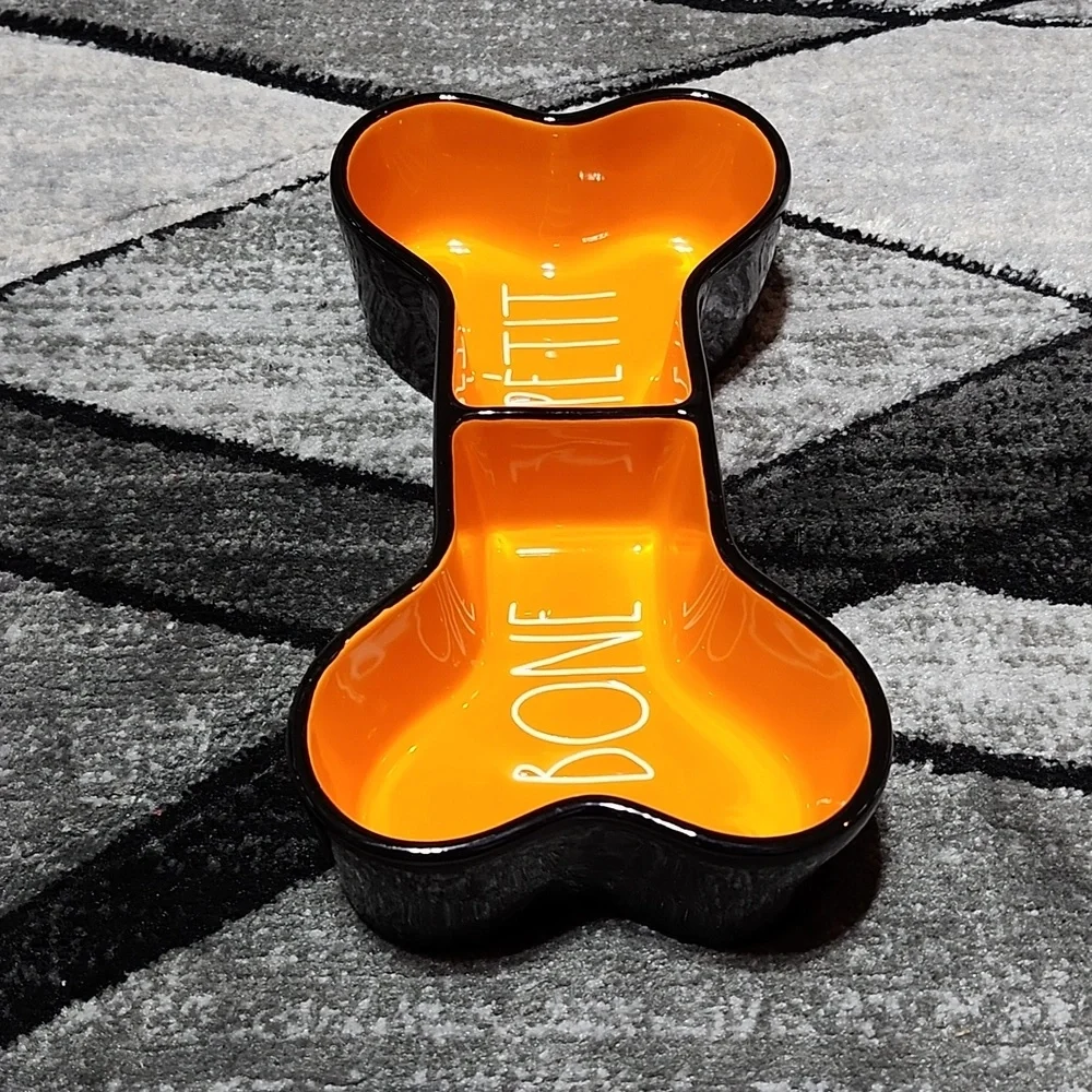 RAE DUNN ARTISAN COLLECTION BONE APPETIT PET BOWL BLACK & ORANGE NWOT